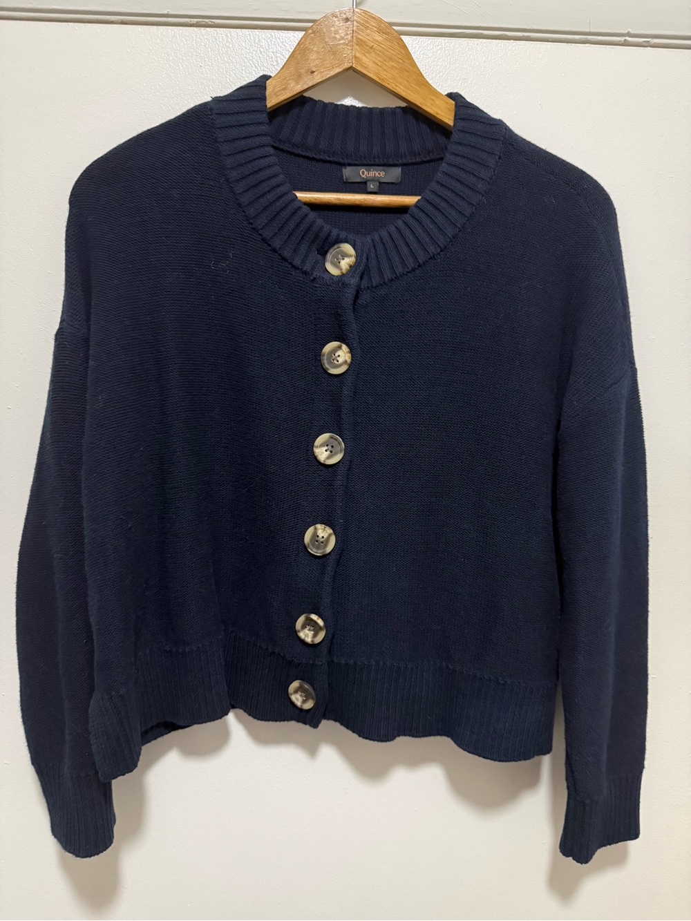 Quince 100% organic cotton cropped Cardigan, navy blue,  size large